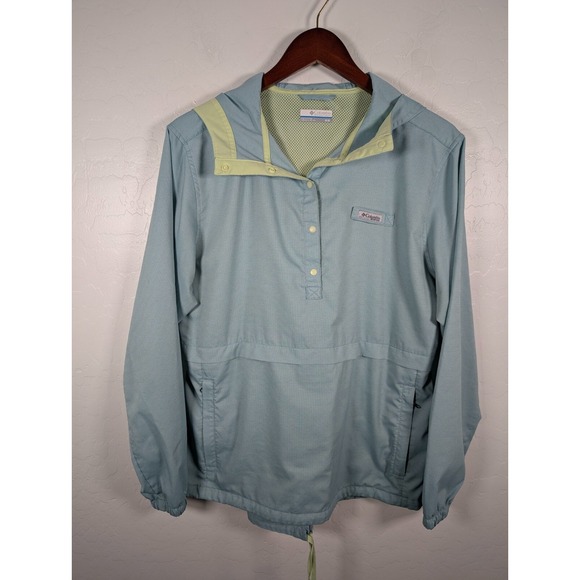 Columbia Jackets & Blazers - Columbia PFG Jacket Women Medium Green 1/2 Snap Hooded Fishing Hiking Pullover